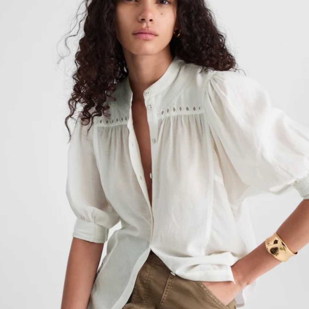 NWT Madewell Embroidered Puff Sleeve Band Collar Shirt 6